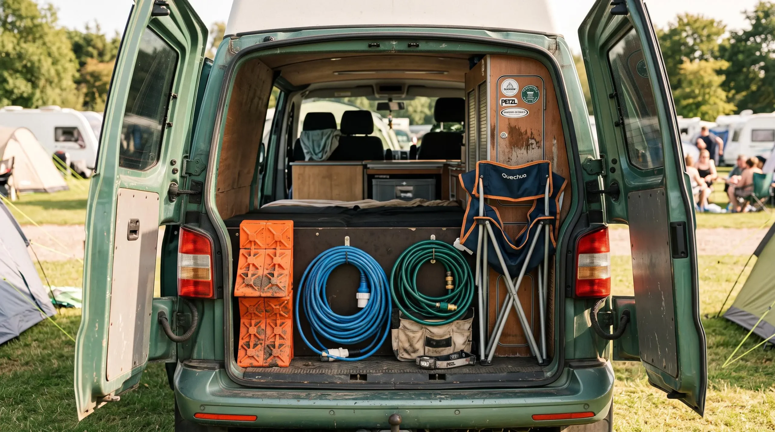 Essential campervan gear including leveling chocks, electric cable, water hose, and camping chairs arranged on vehicle tailgate at campsite