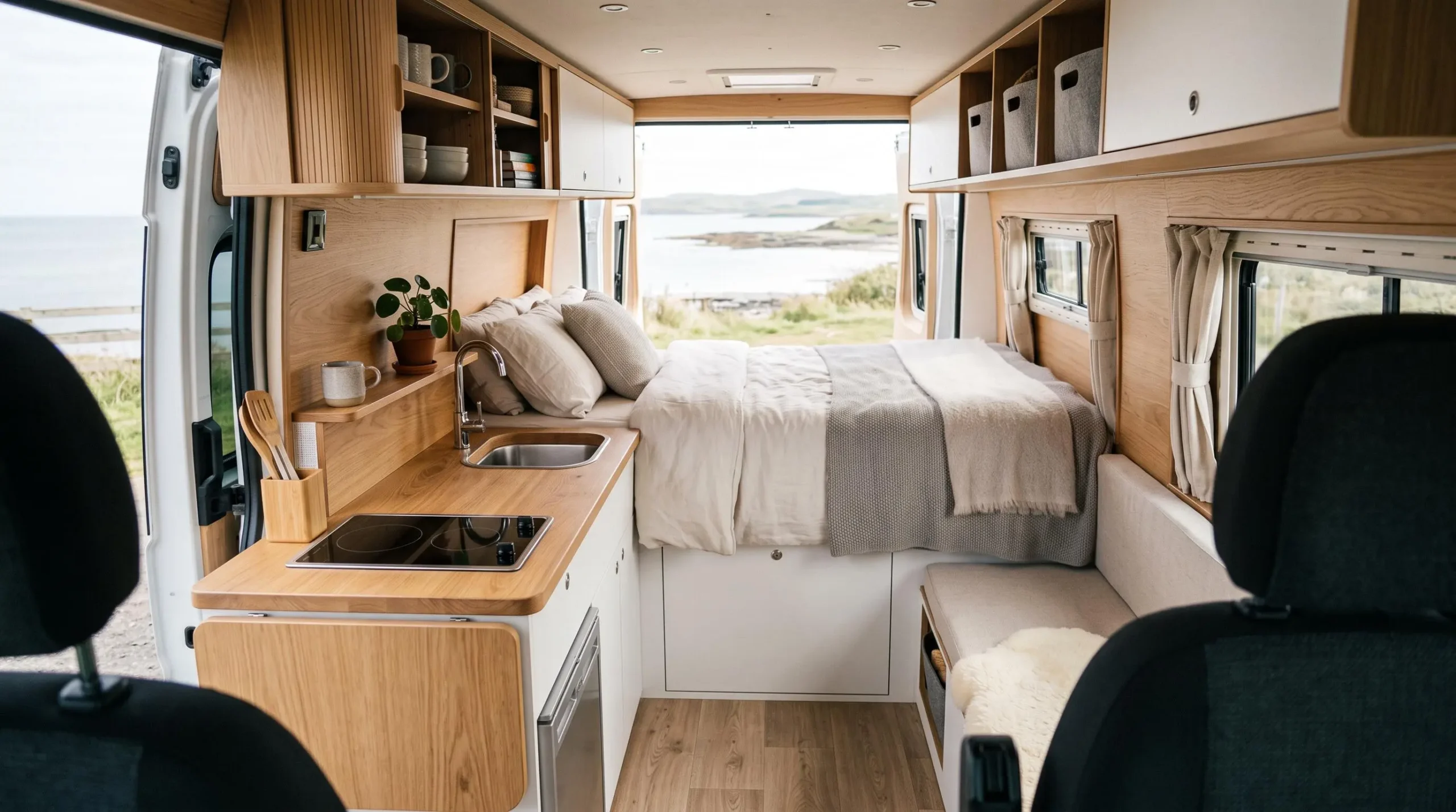 Interior of campervan conversion showing made bed in rear, compact wooden kitchenette, and storage cabinets with natural daylight