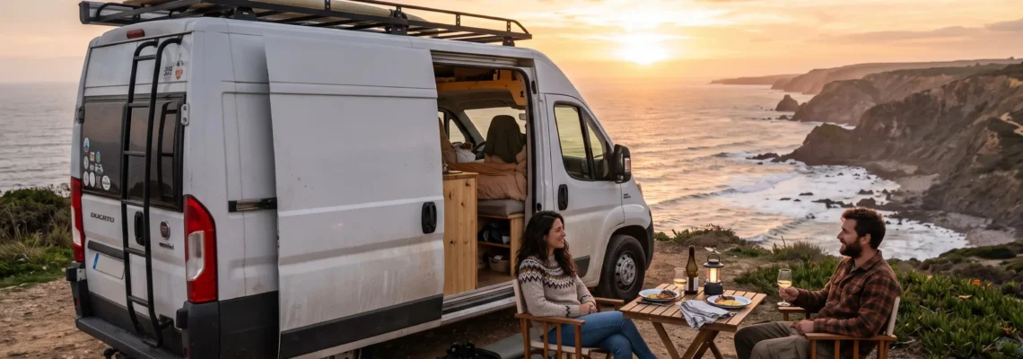 Modern white campervan parked at coastal cliff viewpoint with couple sitting outside on camping chairs watching ocean sunset during golden hour