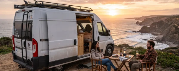 Modern white campervan parked at coastal cliff viewpoint with couple sitting outside on camping chairs watching ocean sunset during golden hour